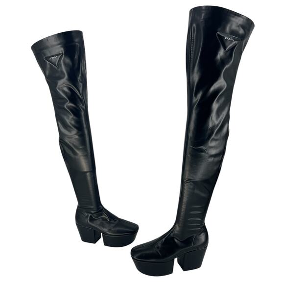 Prada Black Stretch Napa Over-the Knee Platform Boots - Picture 4 of 16